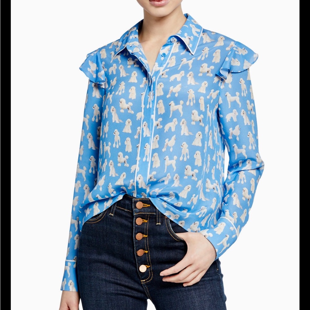Alice + Olivia Zimmer Blue Poodle Ruffle Silk Print Blouse 🐩